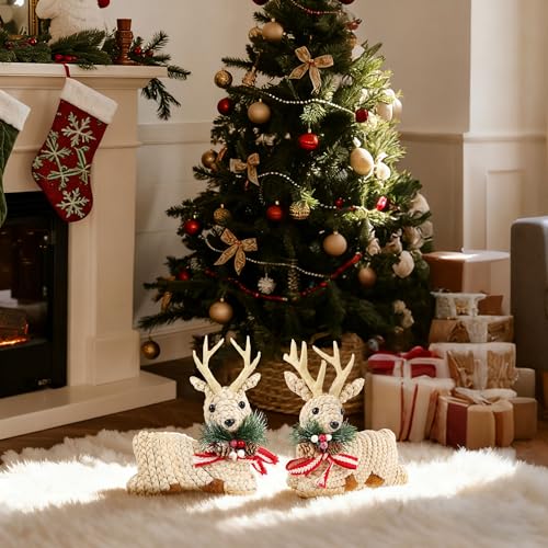 Lulu Home Set of 2 Rustic Straw Reindeer Christmas Tabletop Decor - Natural Straw