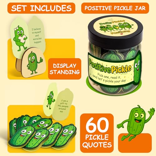 Positive Pickle Jar with 60 Affirmation Cards and Wooden Display Stand