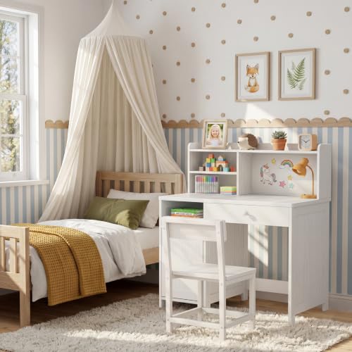 BOLUO Wooden Kids Study Desk with Storage & Chair Set, White for Ages 8-12
