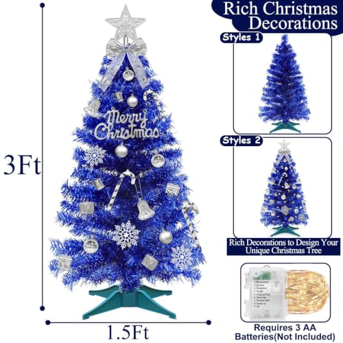 Blue 3Ft Christmas Tree with Ornaments & Warm White Lights - Hanukkah Decor with Timer
