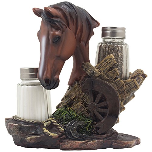 Chestnut Resin Horse Shaker Set - 3 Pieces, Glass Salt & Pepper, Western Ranch Decor