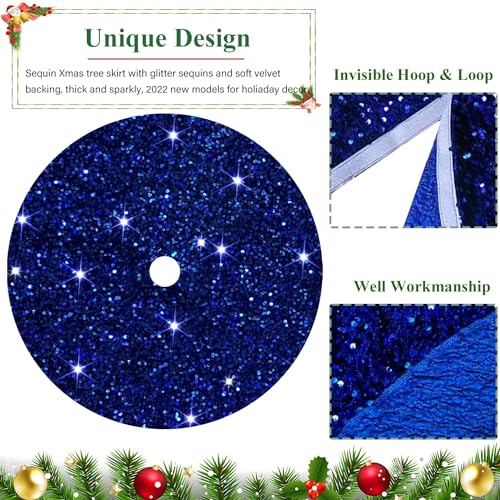 FUHSY 46 Inch Royal Blue Sequin Tree Skirt Velvet Xmas Tree Cover Christmas Decor