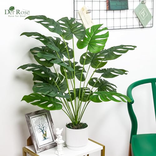 28-Inch Artificial Monstera Plant in White Pot, Faux Tropical Indoor Plant