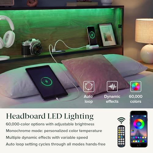 Queen Platform Bed Frame with LED Lights, Storage Headboard & USB Charging