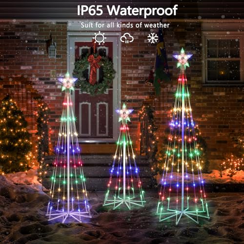 PINPON 3 Pack 3FT 4FT 5FT Outdoor Multicolor Cone Christmas Tree Lights with 8 Modes