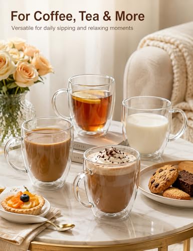 Shanderbar 12oz Double Walled Glass Coffee Mugs Set of 4 with Handles