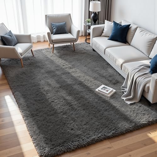 8x10 Grey Shag Area Rug, Ultra Soft Plush Carpet with Memory Foam Backing