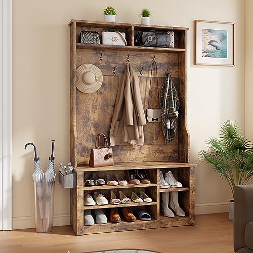 5-in-1 Entryway Hall Tree with Storage Bench and Coat Rack, Rustic Brown