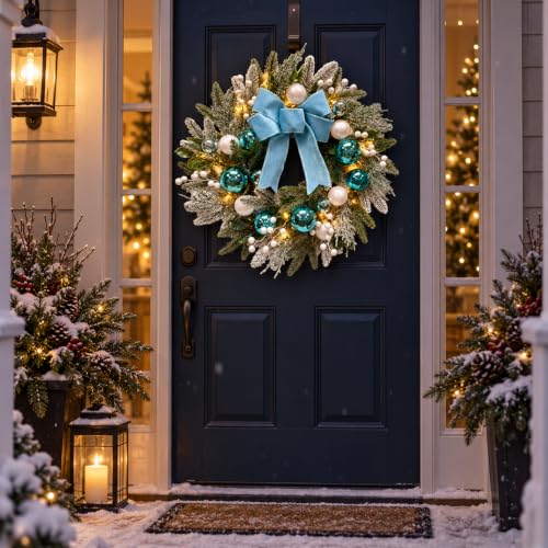 22-Inch Lighted Christmas Wreath with Timer, Blue Bow & Ornaments