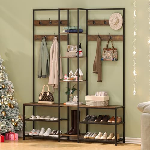 Corner Hall Tree with Shoe Bench, 10-Hook Industrial Coat Rack & Storage