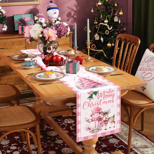 Pink Christmas Table Runner 72 Inch Snowman Holiday Decor for Festive Home