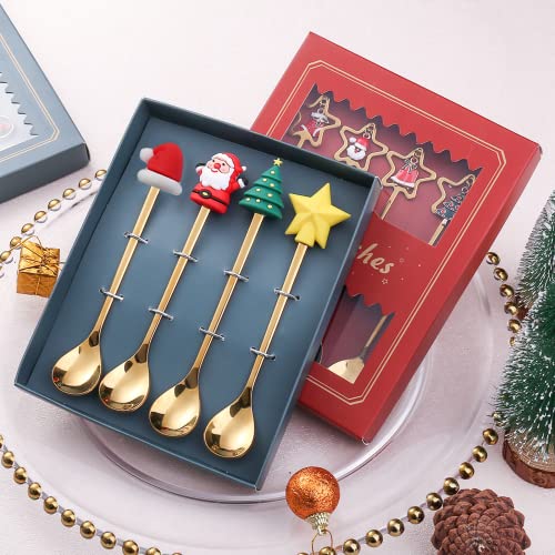 4Pcs Christmas Stainless Steel Coffee Spoons with Red Box Santa Tree Star Holiday Decor