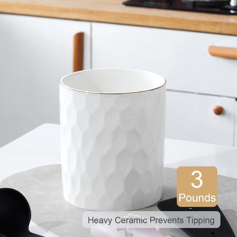 YOSCO Kitchen Utensil Holder, Large Ceramic Cooking Utensil Holder with Gold Line Modern Utensil Crocks (W6.1” x H7.2”) for Kitchen Counter-Farmhouse, Housewarming Gift (White-7.2 INCH)
