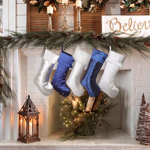 LimBridge 18-Inch Christmas Stockings 5 Pack White & Blue with Glitter Snowflake Star Trim