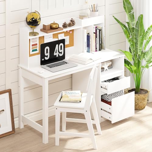 Kids Study Desk and Chair Set with Hutch, Bulletin Board, and Storage