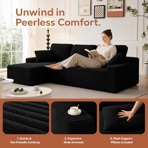 119-Inch Modular Sectional Couch, Corduroy L-Shaped Sofa with Left Chaise