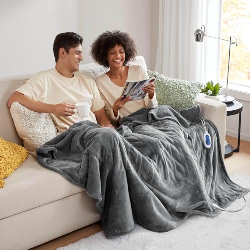 Reversible Heated Throw Blanket, Plush and Sherpa, 60 x 70 Inches, Grey