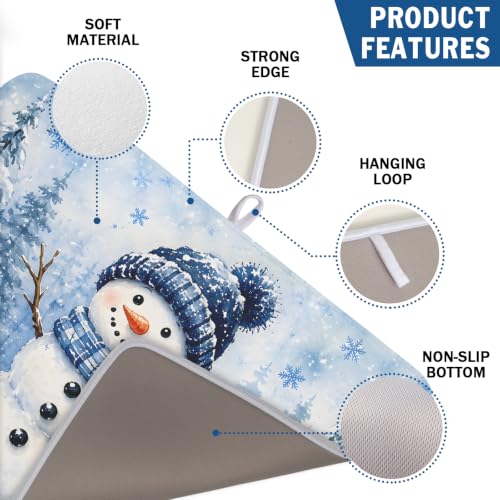 Kawani Blue Snowman Pine Tree Christmas Dish Drying Mat 18x24 Inch