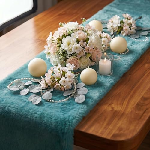 Teal Blue Faux Fur Table Runner 11.8 x 47.2 inches - Ultra Soft, Anti-Slip Backing