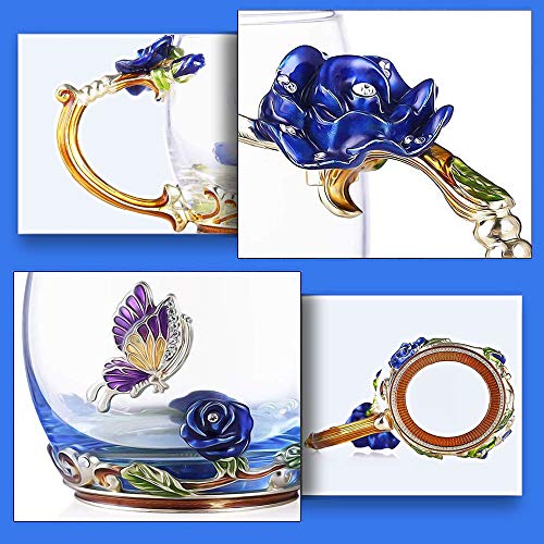 Kaiyuan Dynasty Blue Tall Enamel Glass Coffee Mug with Rose & Butterfly Design Set with Spoon
