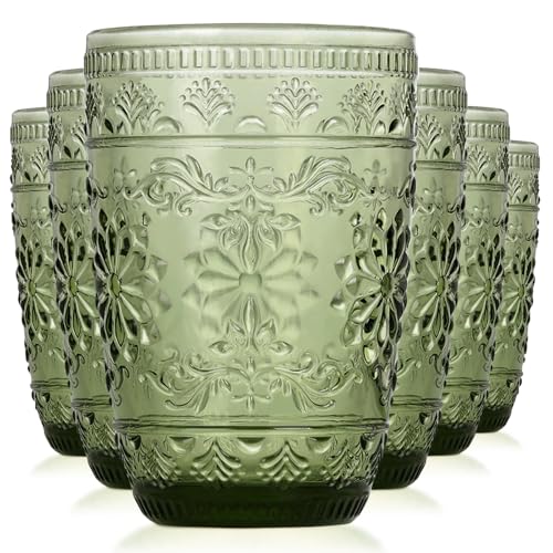 Green 14oz Drinking Glasses Set - Vintage Embossed Glassware, 6-Pack