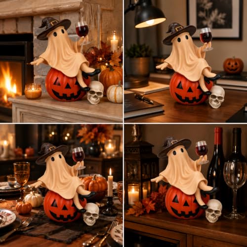 Resin Halloween Ghost Figurine with Witch Hat, Pumpkin & Wine Glass Decor