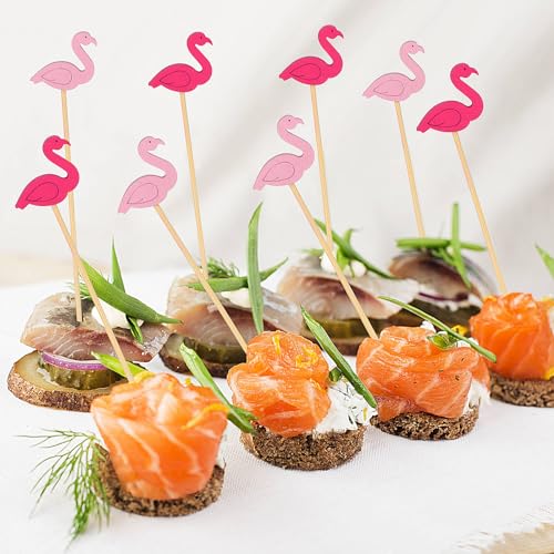 JtmyAota Flamingo Cocktail Picks - 100 Natural Bamboo Party Toothpicks