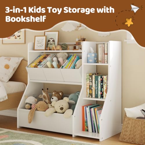 Kids Toy Storage Organizer with 3-Tier Bookshelf and Removable Bins
