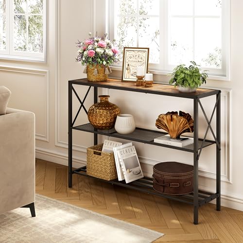3-Tier Industrial Console Table with Shelves, Rustic Narrow Entryway Table