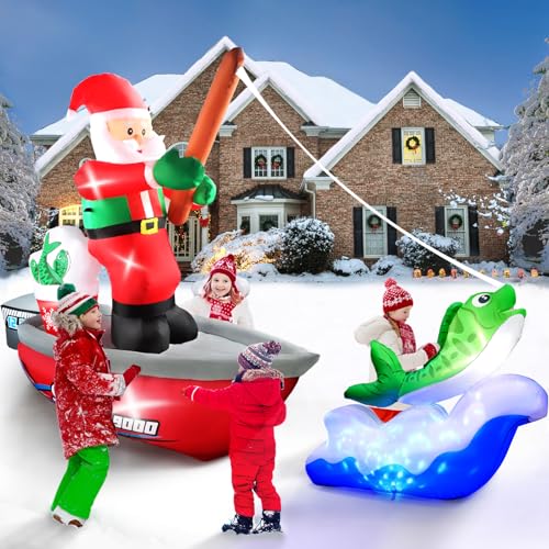Kalolary 15FT Christmas Inflatable Santa Fishing with LED Lights - Holiday Yard Decor