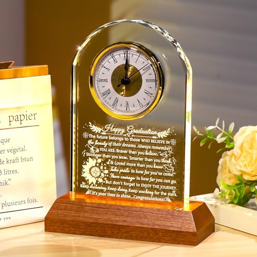 Graduation Keepsake Crystal Clock with LED Wooden Base, 9-Inch