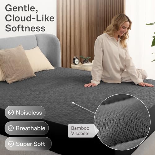 Queen Bamboo Cooling Mattress Protector - Gray, 100% Waterproof Deep Pocket