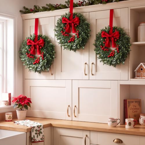 Dingion 12 Pcs 14'' Small Christmas Wreath for Cabinet Decoration with Bow - Set of 12