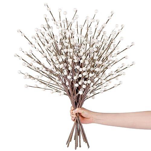 Sggvecsy 15Pcs White Holly Berry Stems - Artificial Red Berries with Pearl Finish, 16in Christmas Picks