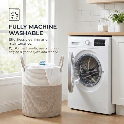 JMvicyroam 60L Cotton Rope Laundry Basket & Blanket Hamper in Brown