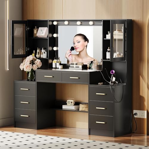 Large Black Vanity Desk with Lighted Mirror, Charging Station and 8 Drawers