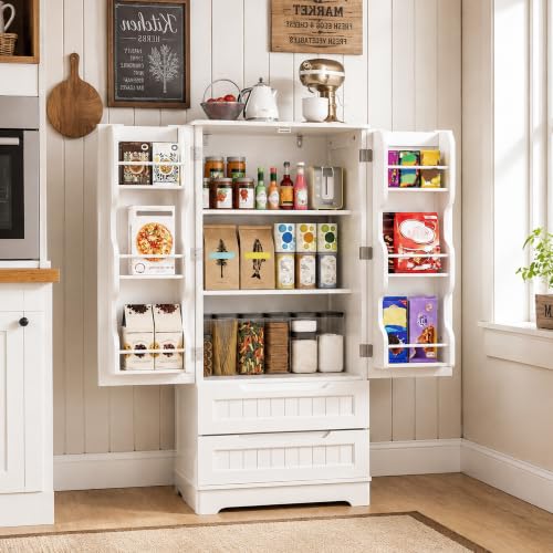 Gizoon 47-Inch White Pantry Cabinet with 2 Drawers & 6 Shelves for Small Spaces