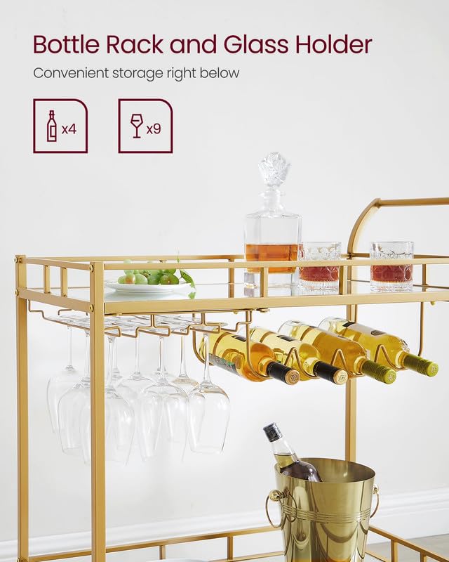 2-Tier Rolling Bar Cart with Mirrored Shelves, Wine and Glass Holders