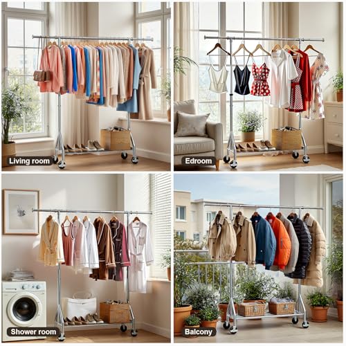 Heavy Duty Rolling Clothes Rack, Adjustable Garment Organizer with Wheels