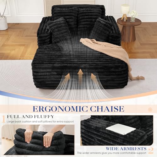 Oversized Faux Fur Chaise Lounge Sofa with Pillows, Black