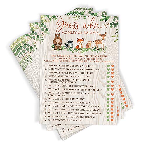 Woodland Forest Animal Baby Shower Guess Who Game Cards, 50 Pack