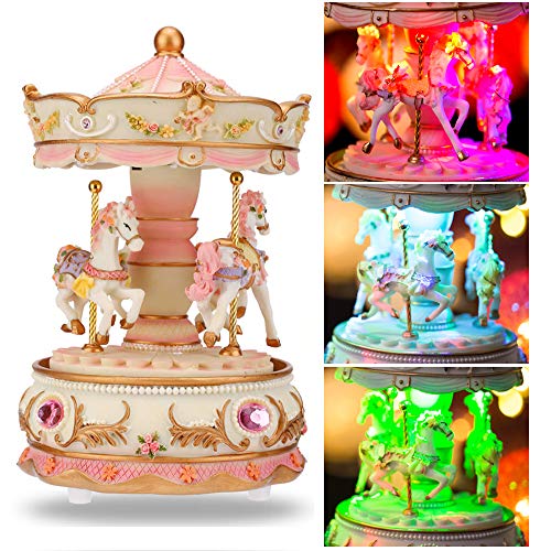 Rotating Carousel Music Box with Color Lights and Horses, Gift Wrapped