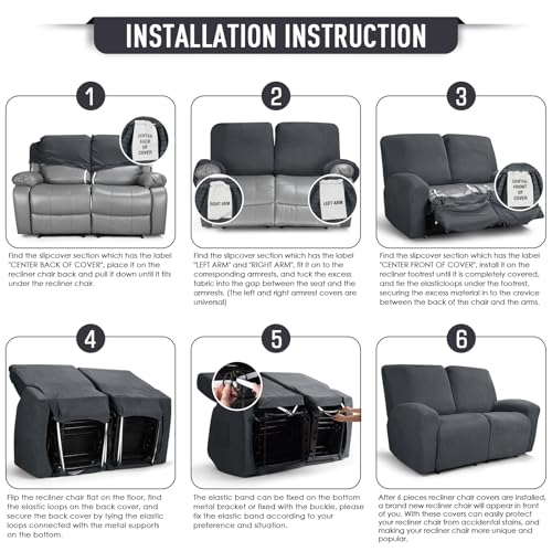 Stretch Loveseat Recliner Covers 6 Piece Set - Charcoal Grey