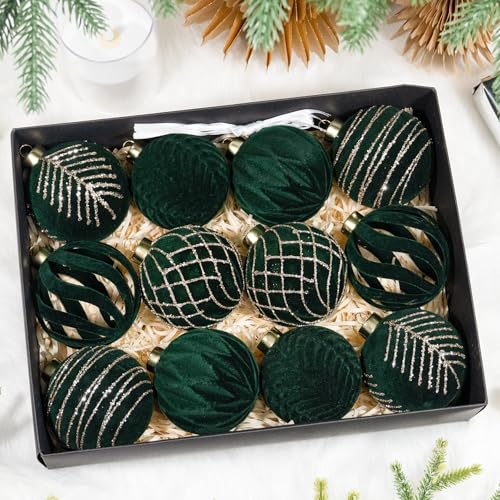 Hismir Dark Green Velvet Christmas Tree Ornaments Bulk 12 Pcs 3.15 Inch Flocked Balls