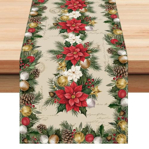 Bonhause Christmas Poinsettia Table Runner 13x72 Inch Holiday Decor, Red & Green