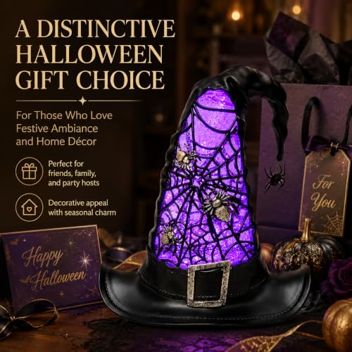 Halloween Witch Hat Snow Globe Lantern with Purple LED Light and Glitter