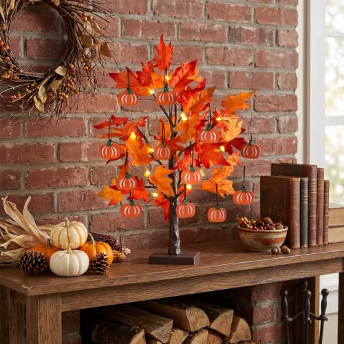 Lighted Maple Leaves Tree with Pumpkin Ornaments - 24" Fall Decor