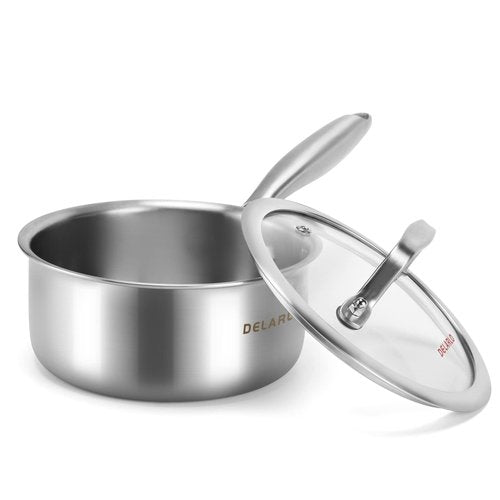 DELARLO Tri-Ply Stainless Steel Induction Saucepan, 1.5 QT with Lid, All Stove Compatible 600, Small Pots for Cooking, Heavy Duty Saucier, Dishwasher Safe
