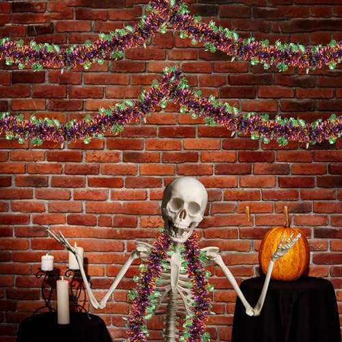 33ft Halloween Metallic Tinsel Garland with Green Spider Web Ornaments