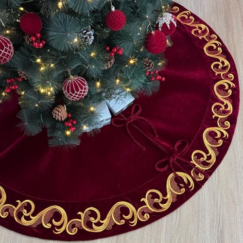 Starry Dynamo 60-Inch Burgundy Velvet Christmas Tree Skirt with Gold Swirl Embroidery